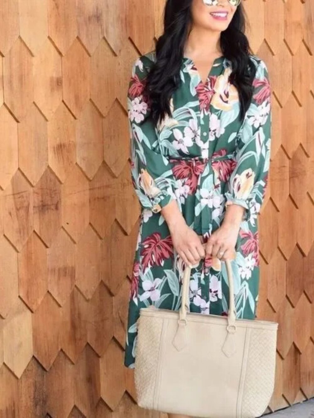 Green Floral Romantic Silky Shirt Dress- Ann Taylor Loft - Size L